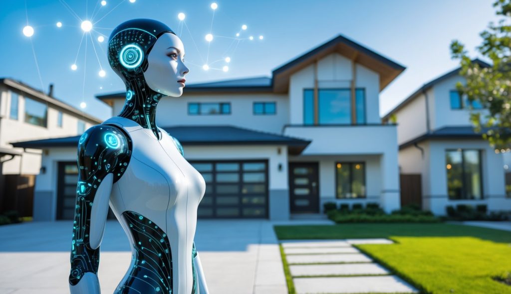 A female AI figure looking at a house, representing how to use AI in a real estate wholesale business.