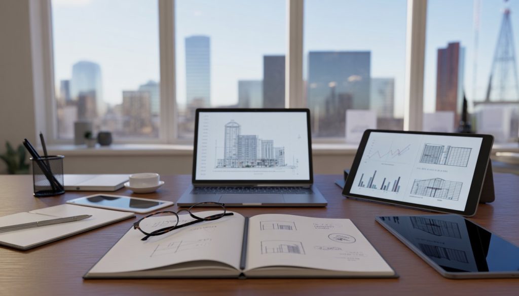 A modern office desk with a laptop showing architectural blueprints, a tablet with real estate charts, an open notebook with notes, and a city skyline visible through large windows.