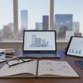 A modern office desk with a laptop showing architectural blueprints, a tablet with real estate charts, an open notebook with notes, and a city skyline visible through large windows.