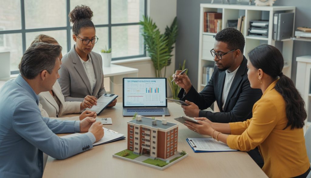 A group of people in an office reviewing documents and digital devices related to affordable housing property investing.