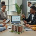 A group of people in an office reviewing documents and digital devices related to affordable housing property investing.