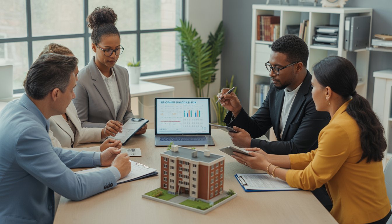 A group of people in an office reviewing documents and digital devices related to affordable housing property investing.