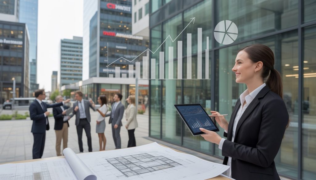 Business professionals discussing real estate data near office buildings in a commercial district.