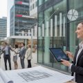 Business professionals discussing real estate data near office buildings in a commercial district.