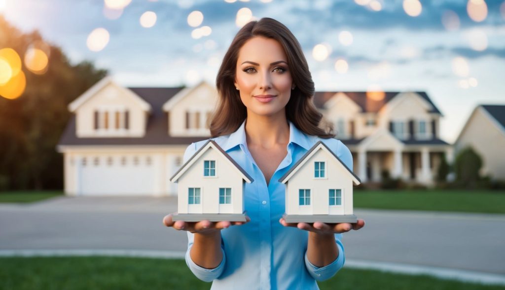 A real estate investor holding two homes in the palm of her hand, signifying a balanced real estate market.