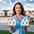 A real estate investor holding two homes in the palm of her hand, signifying a balanced real estate market.