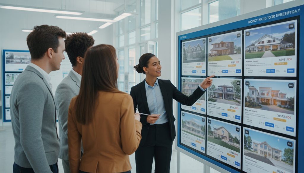 People looking at property listings on a digital screen in a real estate office with an agent explaining details.