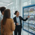 People looking at property listings on a digital screen in a real estate office with an agent explaining details.