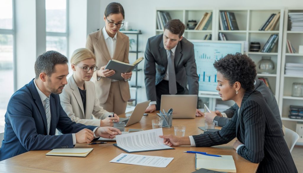 Business professionals reviewing commercial lease documents together in a bright office conference room.