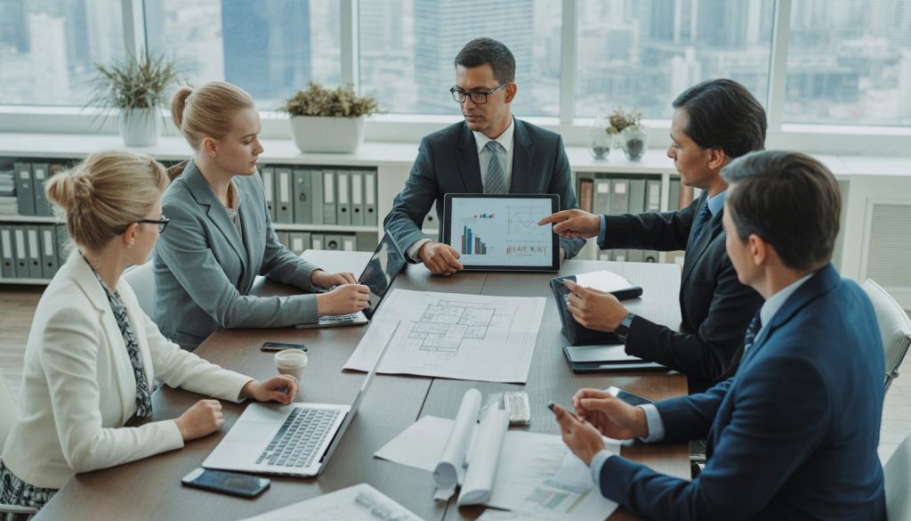 A group of professionals in a modern office reviewing documents and digital devices during a meeting about commercial property.