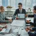 A group of professionals in a modern office reviewing documents and digital devices during a meeting about commercial property.
