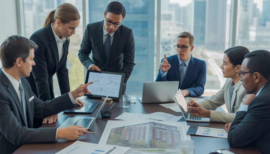 Business professionals in a modern office reviewing financial documents and digital devices around a conference table with a city skyline visible through large windows.