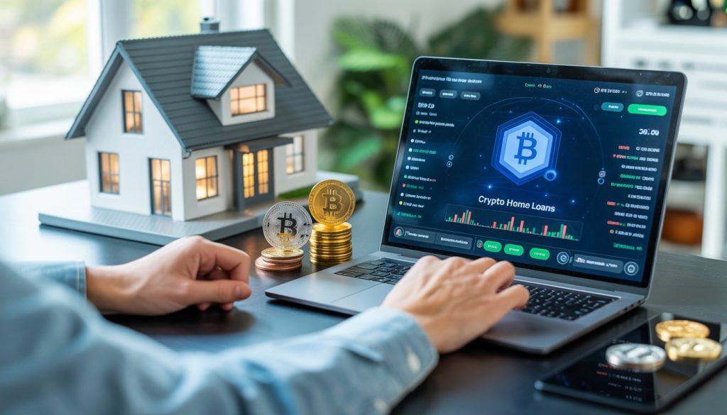 A person using a laptop with cryptocurrency coins and a model house on a desk, representing crypto home loans.