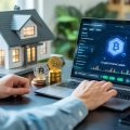 A person using a laptop with cryptocurrency coins and a model house on a desk, representing crypto home loans.