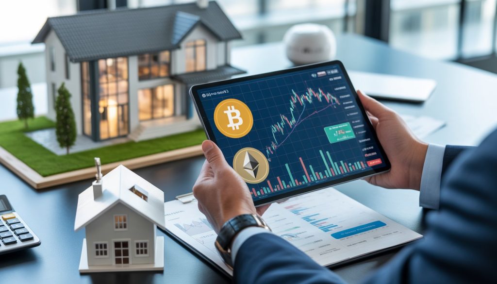 A businessperson holding a digital tablet showing cryptocurrency icons with a model house and financial documents on a desk in a modern office.
