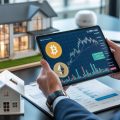 A businessperson holding a digital tablet showing cryptocurrency icons with a model house and financial documents on a desk in a modern office.