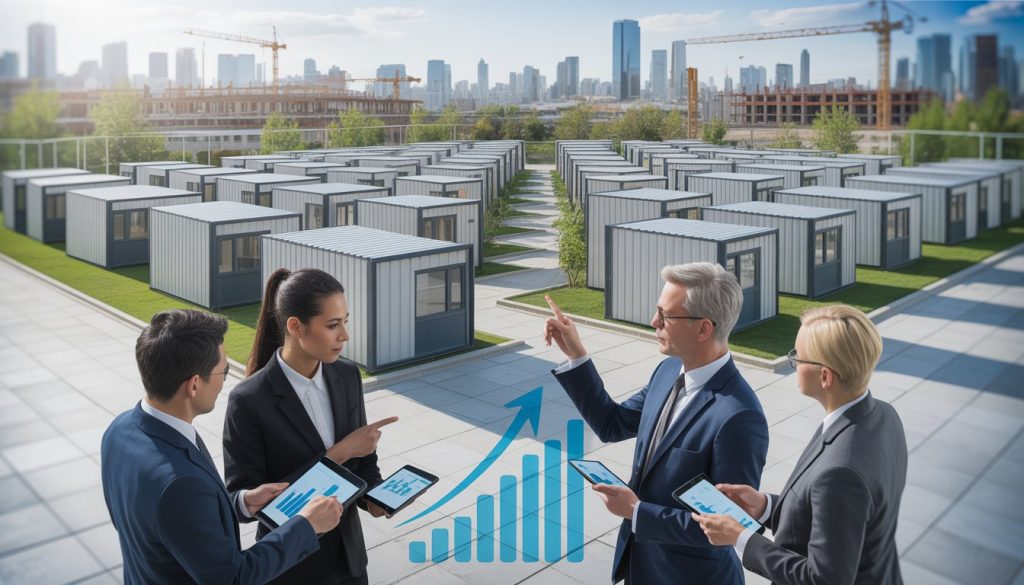 Business professionals discussing investment trends near compact modular housing units in a modern urban setting.
