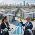 Business professionals discussing investment trends near compact modular housing units in a modern urban setting.