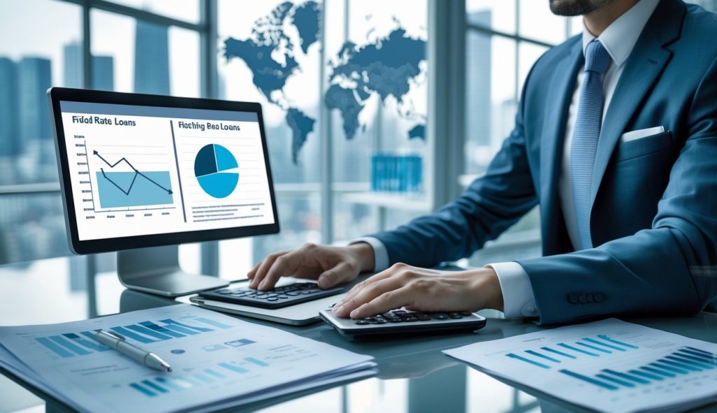 A businessperson at a desk comparing stable and fluctuating financial graphs representing fixed and floating rate loans in an office with a city skyline visible through the window.