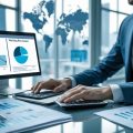 A businessperson at a desk comparing stable and fluctuating financial graphs representing fixed and floating rate loans in an office with a city skyline visible through the window.
