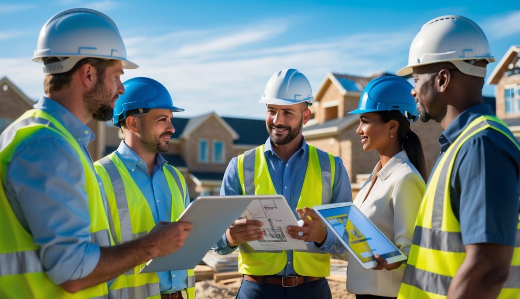 A group of home builders wearing safety gear discussing plans at a residential construction site with houses under construction in the background.