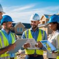 A group of home builders wearing safety gear discussing plans at a residential construction site with houses under construction in the background.