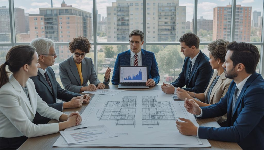 A group of professionals discussing multifamily real estate investment around a table with blueprints and financial charts in a modern office overlooking city apartment buildings.