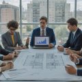 A group of professionals discussing multifamily real estate investment around a table with blueprints and financial charts in a modern office overlooking city apartment buildings.