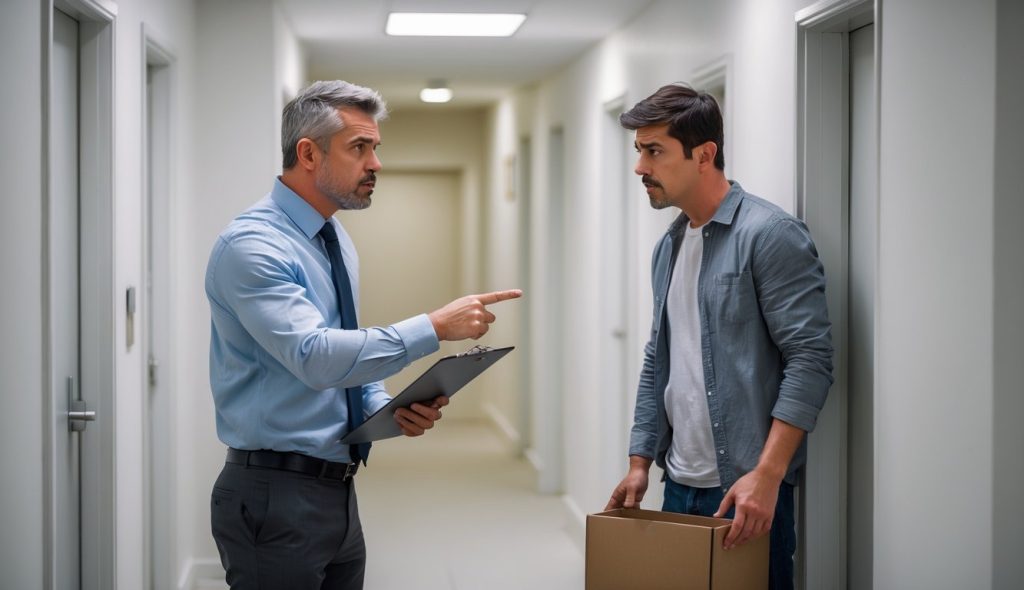 A landlord and tenant confronting each other in an apartment hallway, with the landlord pointing toward the door and the tenant holding a box of belongings looking concerned.