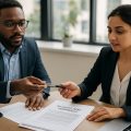 Two professionals at a table reviewing and preparing to sign a business agreement in a bright office.
