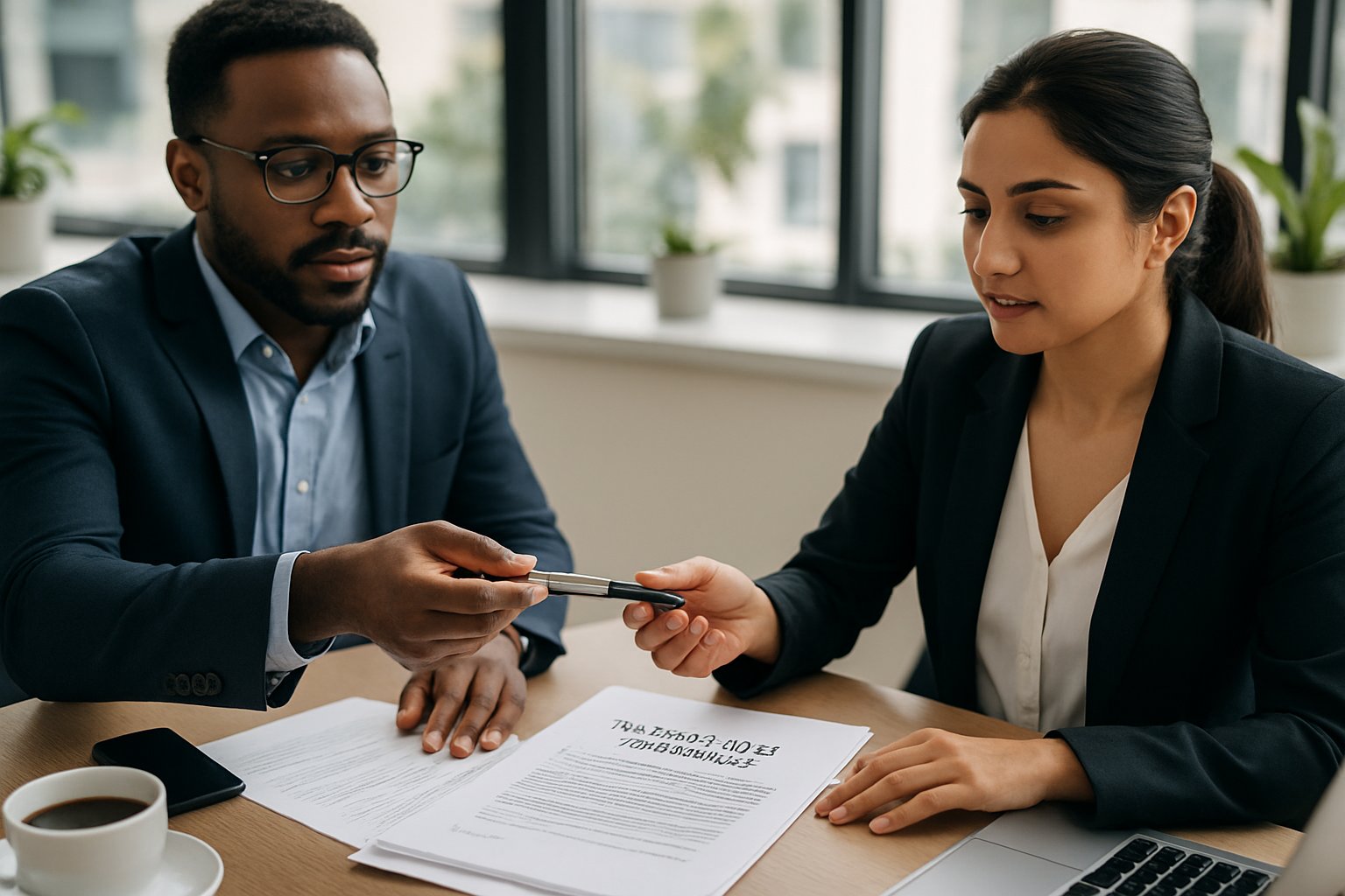 Two professionals at a table reviewing and preparing to sign a business agreement in a bright office.