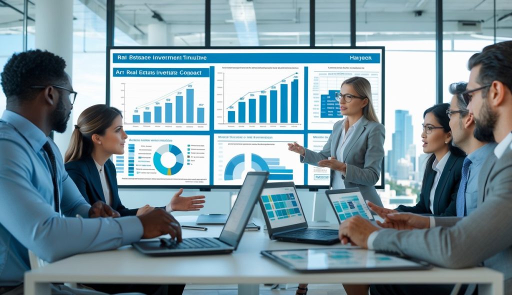 A group of professionals in an office reviewing real estate investment charts and documents together.