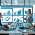 A group of professionals in an office reviewing real estate investment charts and documents together.