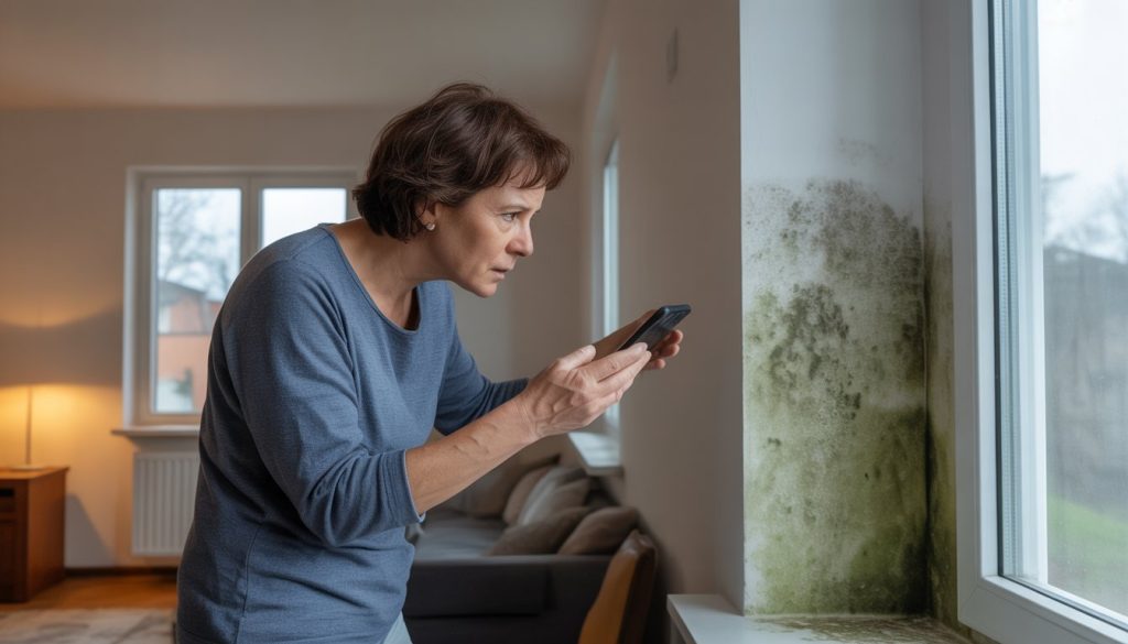 A person inspecting mold growing on a wall inside a rental apartment.