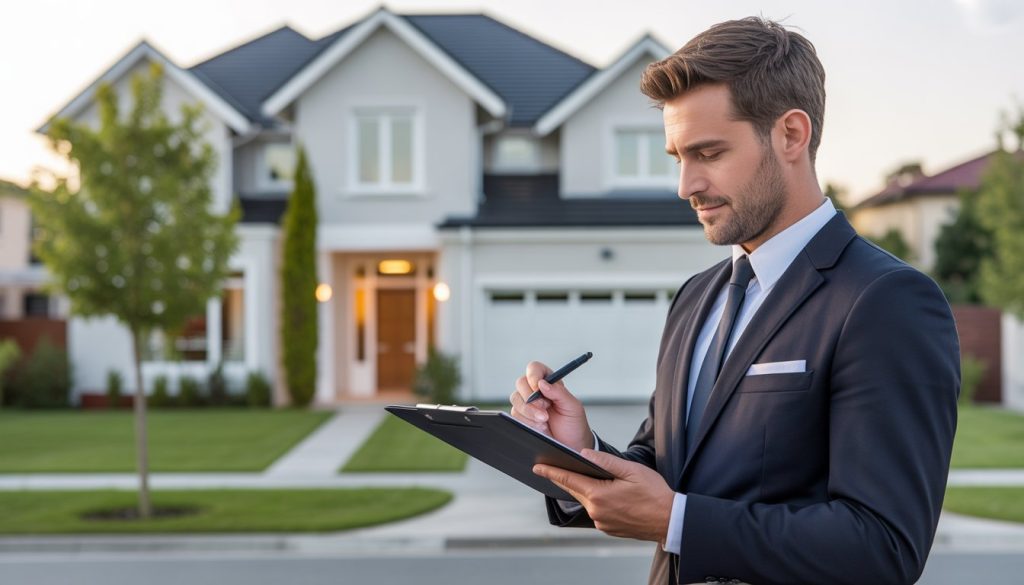 A real estate agent holding a clipboard stands outside a modern house in a suburban neighborhood.
