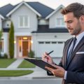 A real estate agent holding a clipboard stands outside a modern house in a suburban neighborhood.