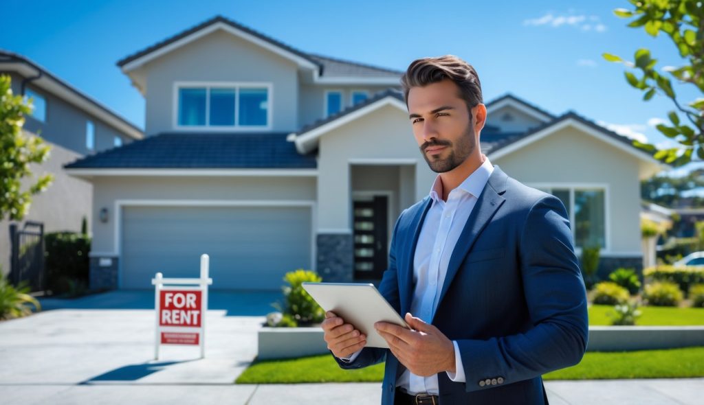 A businessperson reviewing documents in front of a modern residential property with a for rent sign.