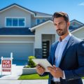 A businessperson reviewing documents in front of a modern residential property with a for rent sign.