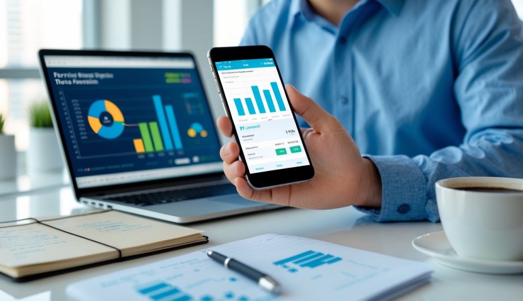 A real estate investor looking at his real estate debt fund performance on his cell phone.