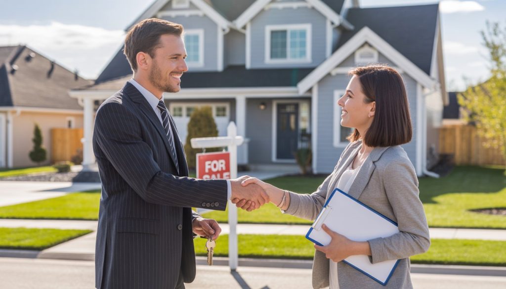 A real estate agent shaking hands with a homeowner in front of a suburban house with a for sale sign.