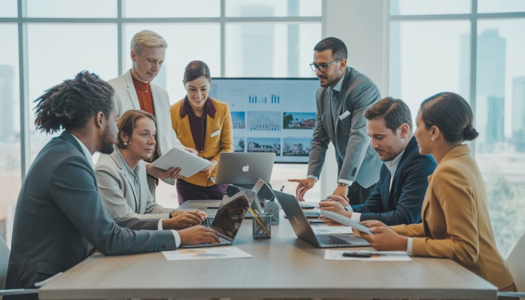 A diverse group of professionals sitting around a conference table discussing real estate investment with laptops and documents in a bright office.