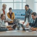 A diverse group of professionals sitting around a conference table discussing real estate investment with laptops and documents in a bright office.