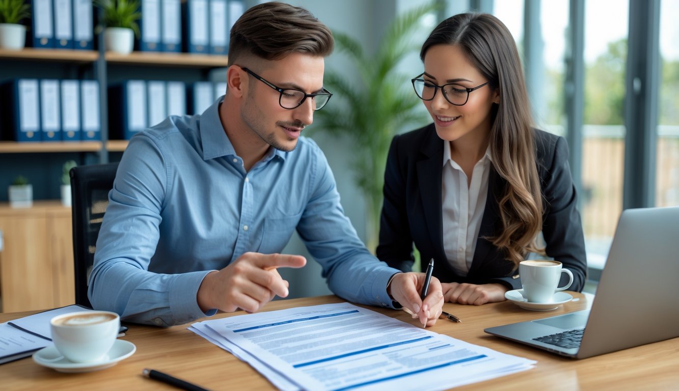 Two investors in a modern office desk with a real estate offering memorandum, reading glasses, pen, and tablet, with a cityscape visible through a large window.
