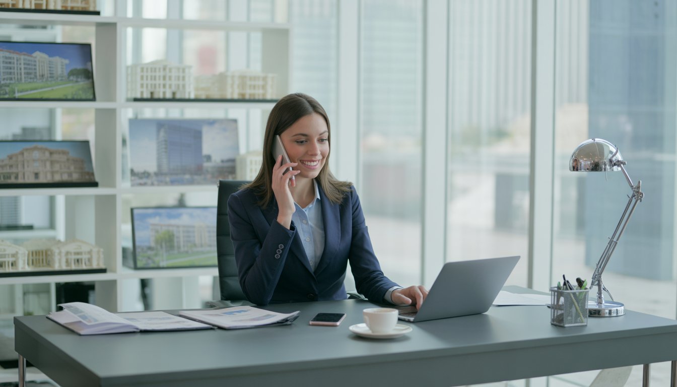 A real estate operations assistant working at a desk in a modern office with a laptop and paperwork, smiling confidently.