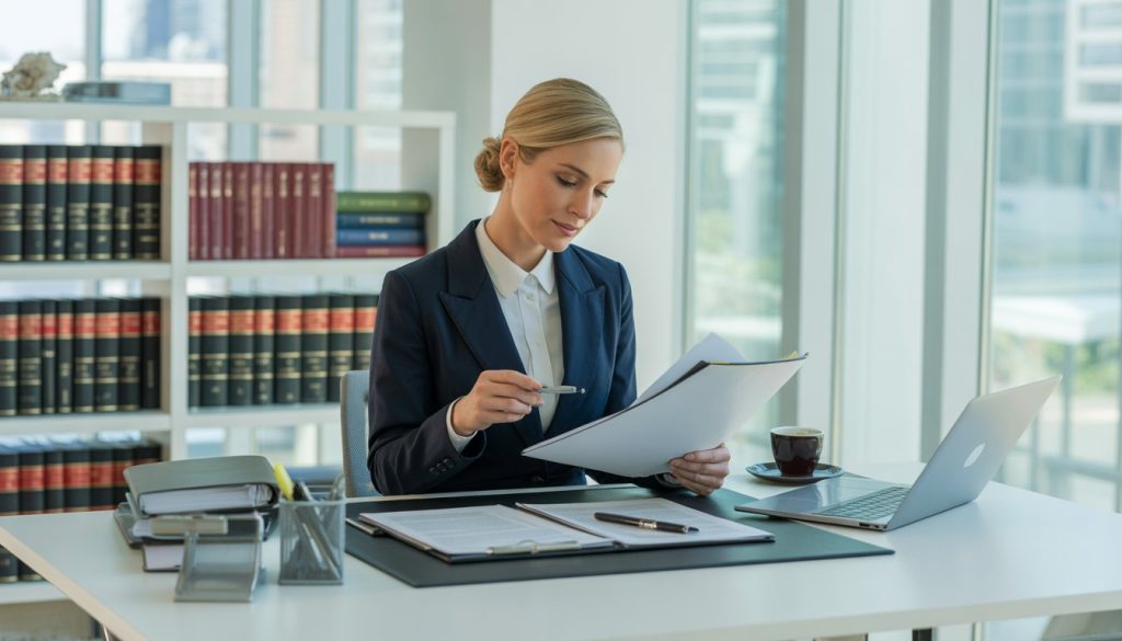 A real estate paralegal reviewing legal documents at a desk in a modern office with shelves of books and a city view outside the window.