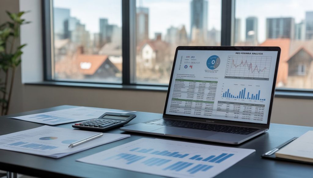 A modern office desk with a laptop showing financial charts, printed documents, a calculator, and a city skyline visible through a large window.