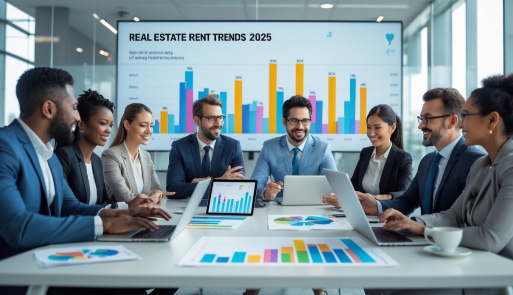 A group of business professionals analyzing charts and graphs about real estate rent trends in a modern office.