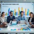 A group of business professionals analyzing charts and graphs about real estate rent trends in a modern office.