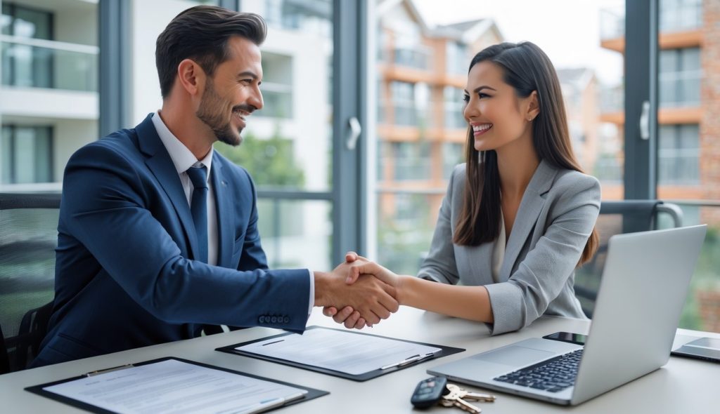 Real estate agents and happy home sellers shaking hands in front of a house with a sold sign in a sunny suburban neighborhood.