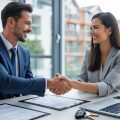 Real estate agents and happy home sellers shaking hands in front of a house with a sold sign in a sunny suburban neighborhood.